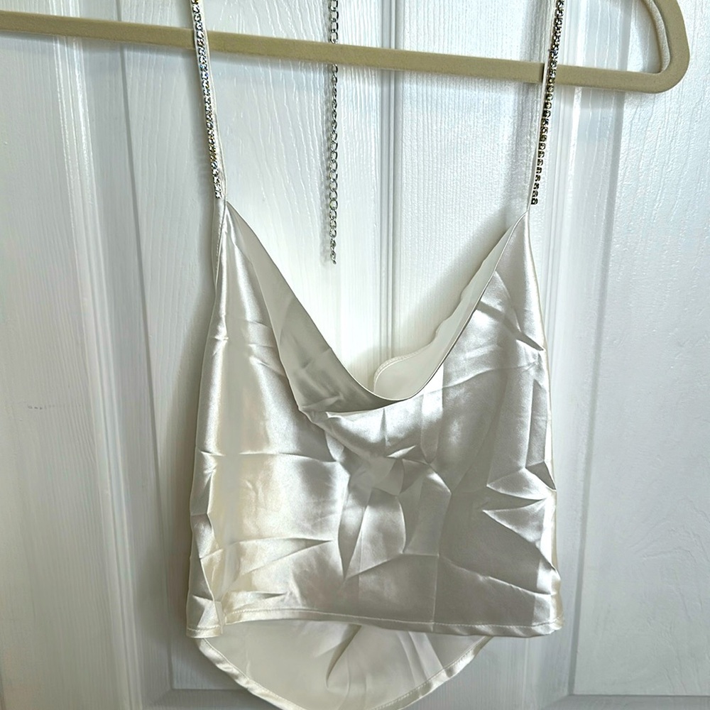 Cowl neck rhinestone strap top. Size small.